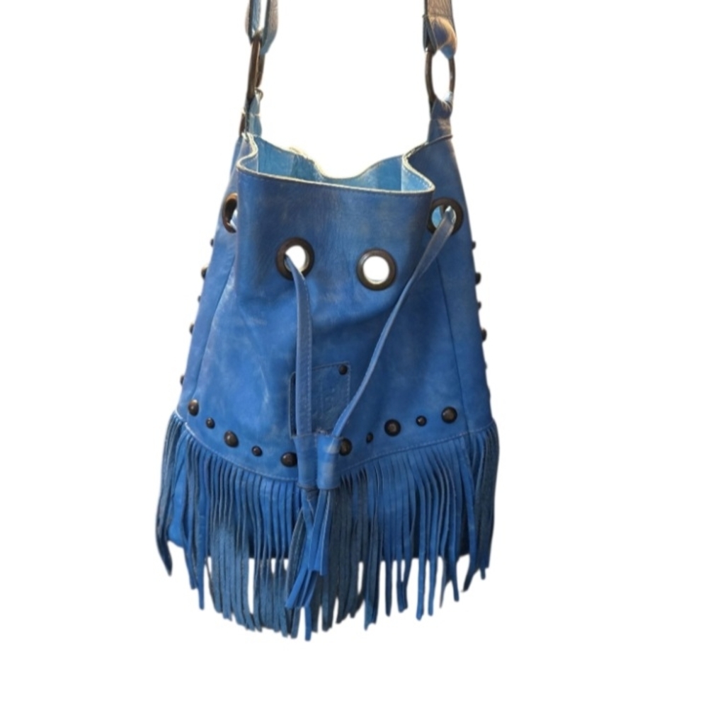 STS Ranchwear Blue Suede Fringe Bucket Hobo
